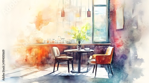 Watercolor Artistic using soft, brushy watercolor strokes, Single object picture Kitchen â€“ an inviting breakfast nook with stylish seating