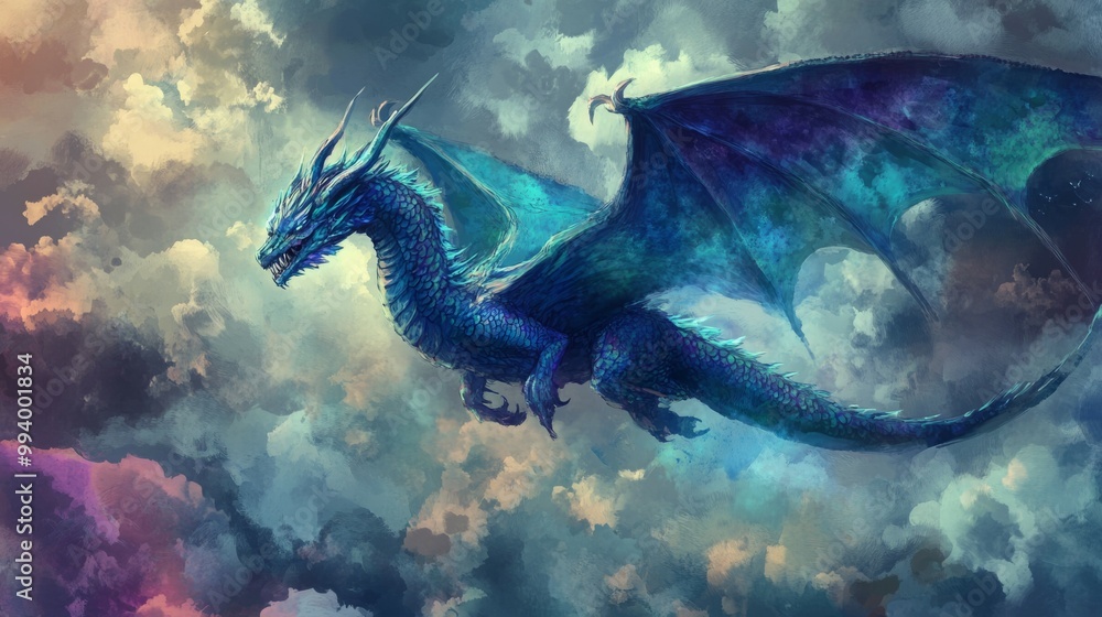 Naklejka premium A blue dragon soars through the clouds.