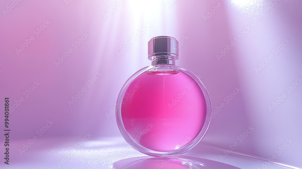A stunning perfume bottle glows softly, filled with vibrant pink liquid A stunning perfume bottle glows softly, filled with vibrant pink liquid