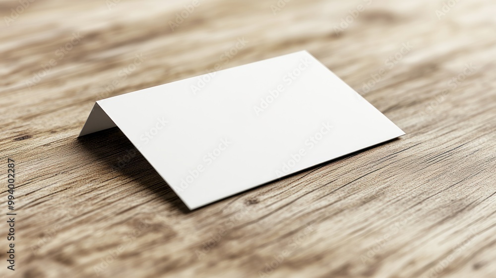A blank card on a wooden table awaits a personal message or artistic creation A blank card on a wooden table awaits a personal message or artistic creation