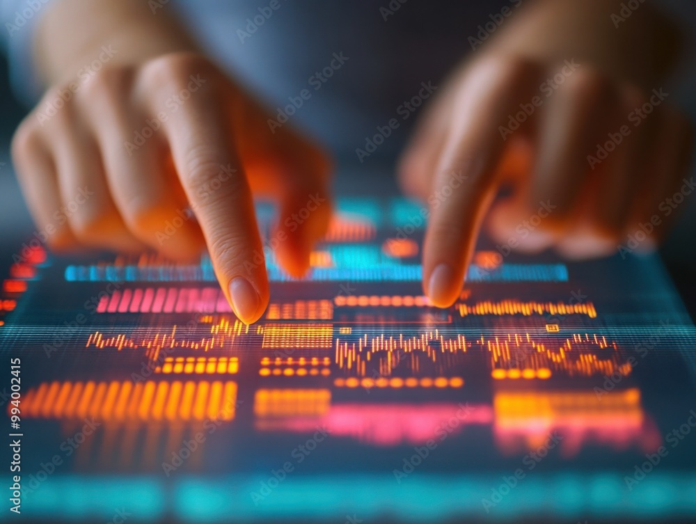 Fototapeta premium Hands Interacting with Digital Screen Displaying Data