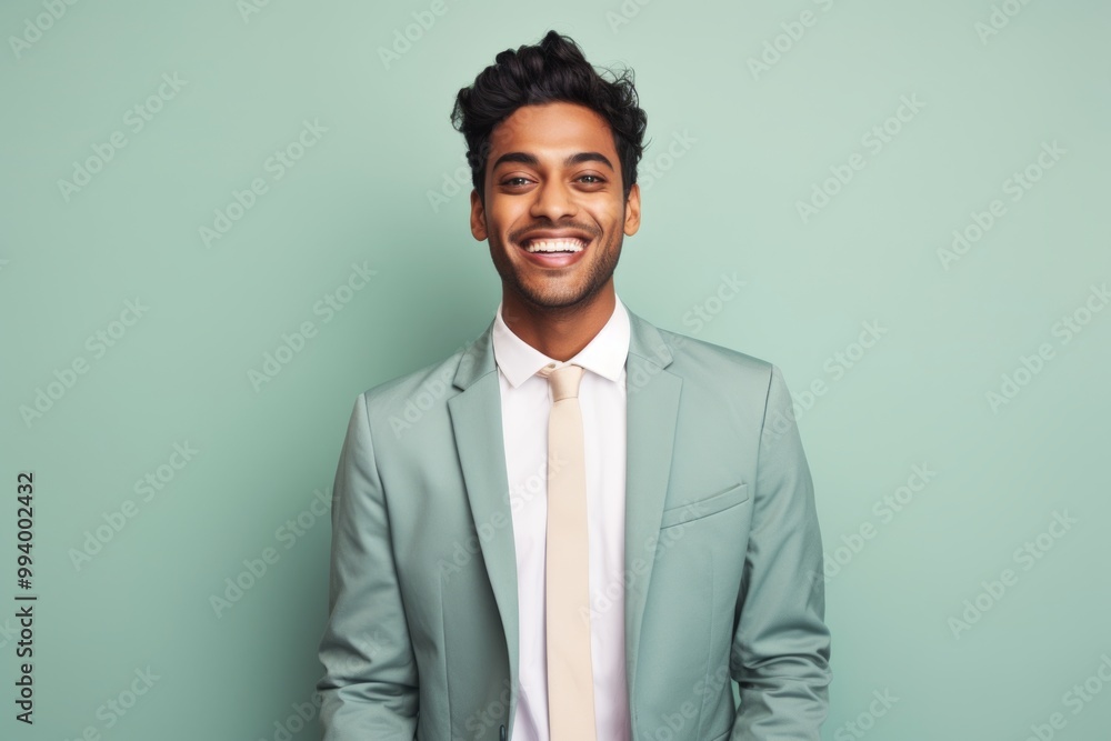 Portrait of a grinning indian man in his 20s wearing a professional suit jacket while standing against solid pastel color wall Portrait of a grinning indian man in his 20s wearing a professional suit jacket while standing against solid pastel color wall