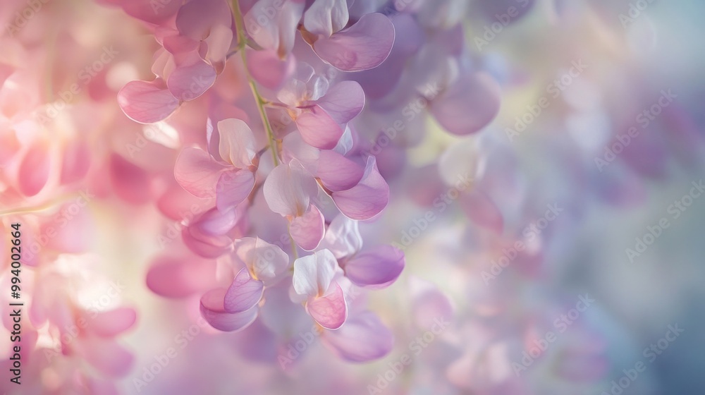 Close-up of delicate pink and white wisteria flowers with a soft, dreamy background. Close-up of delicate pink and white wisteria flowers with a soft, dreamy background.
