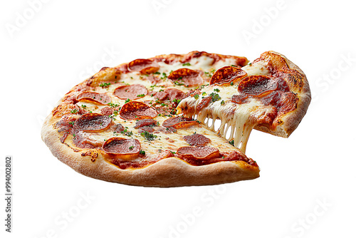 A delicious pizza floats in mid-air photo