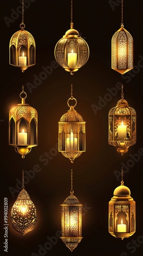 Ornate golden lanterns with lit candles hanging from chains.