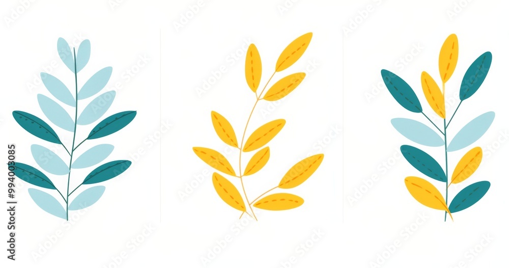 Set of three minimalist vector graphics featuring plant designs in flat yellow and teal colors against a white background. Set of three minimalist vector graphics featuring plant designs in flat yellow and teal colors against a white background.