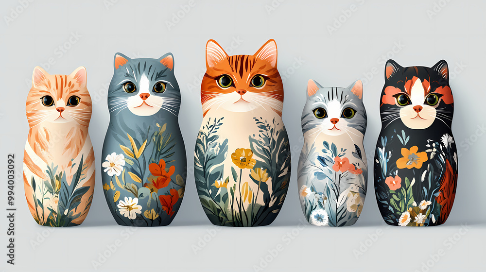 Fototapeta Set of five decorative matryoshka cat dolls. animal nesting dolls. Folk Art. Illustration