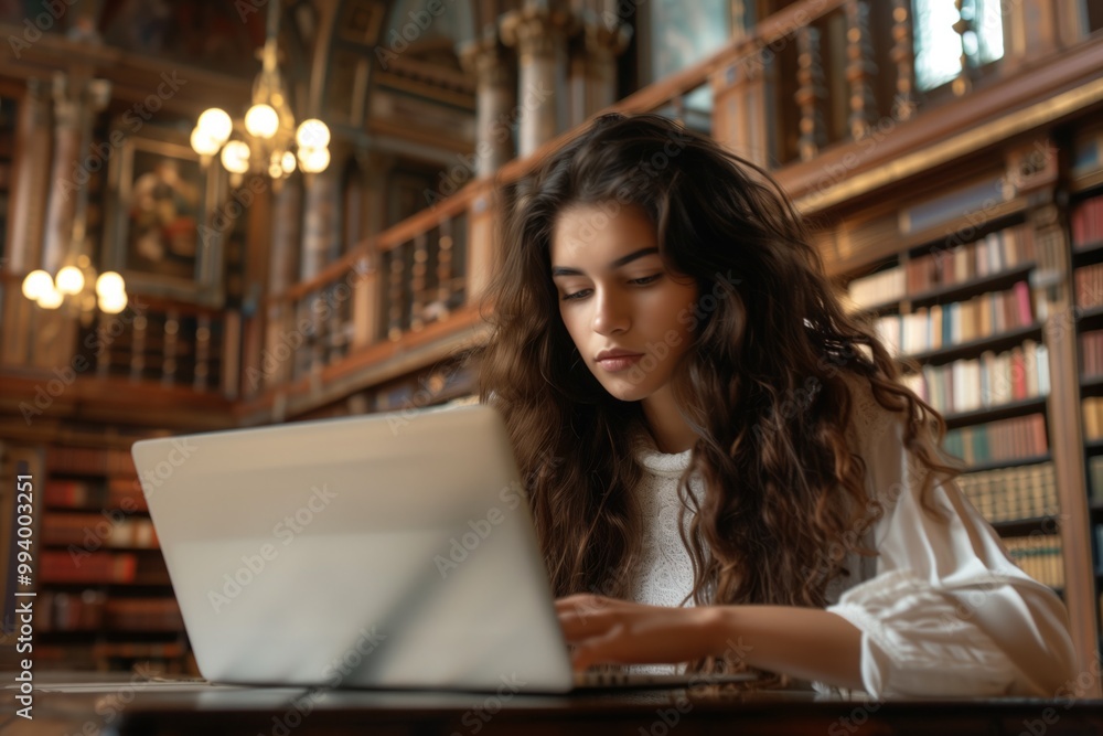 Young girl sitting at laptop in beautiful library Young girl sitting at laptop in beautiful library