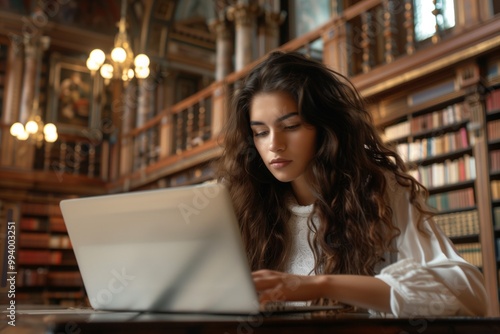 Young girl sitting at laptop in beautiful library