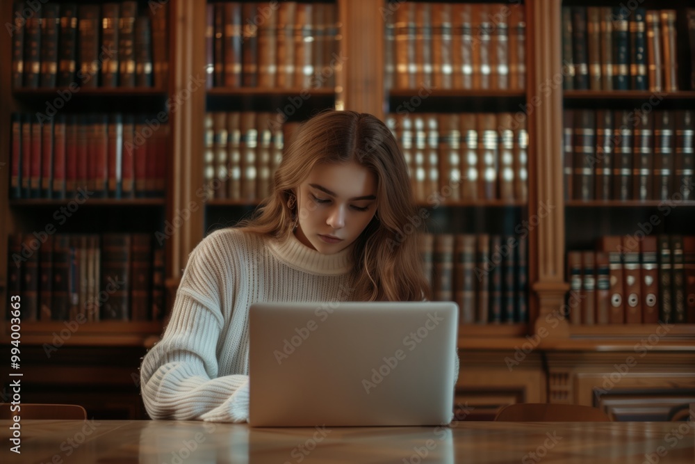 A young woman is sitting at a desk with a laptop open in front of her A young woman is sitting at a desk with a laptop open in front of her