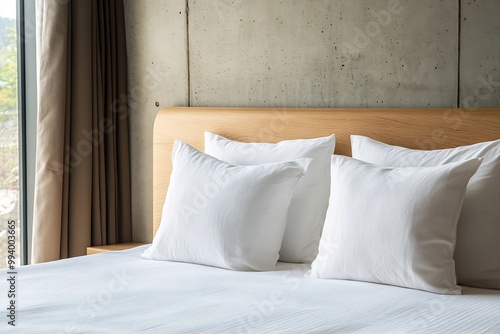 white linen bed with four pillows on top. The headboard is made from light wood