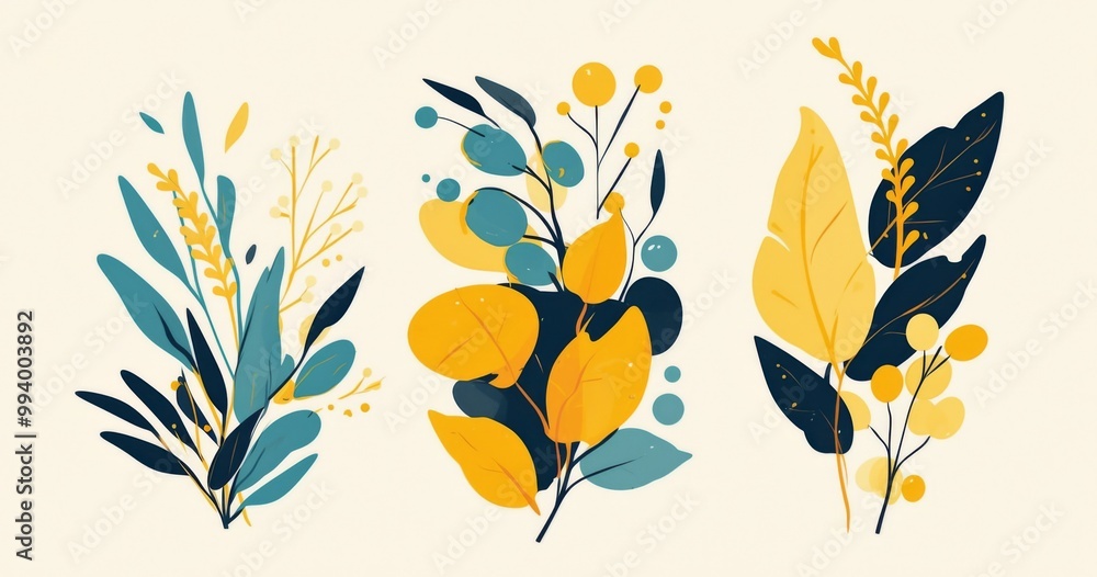 Set of three minimalist vector graphics featuring plant designs in flat yellow and teal colors against a white background. Set of three minimalist vector graphics featuring plant designs in flat yellow and teal colors against a white background.