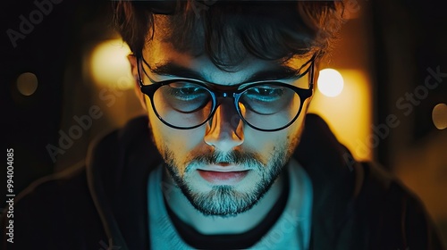 Close-up of a man's face with glasses. This image can be used for projects about technology, focus, or concentration.