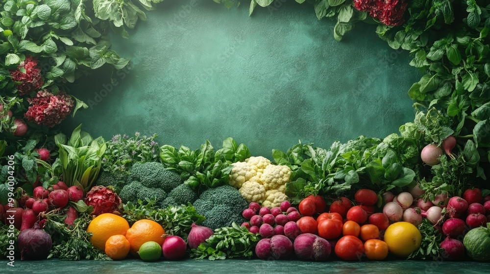Freshly Picked Herbs and Veggies Arranged on a Clean Surface for Culinary Inspiration Freshly Picked Herbs and Veggies Arranged on a Clean Surface for Culinary Inspiration