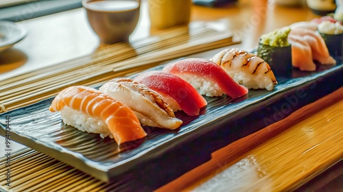 Un plato de sushi nigiri con varias piezas de atún, salmón y otros tipos de pescado, servidos sobre una bandeja negra elegante. Acompañados de wasabi y salsa de soya. photo