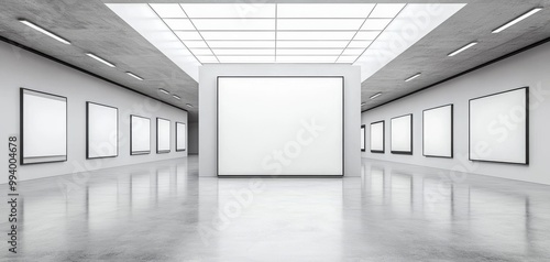 An empty art gallery featuring white walls, concrete flooring, and empty frames. The space is well-lit with natural light, creating a serene and modern atmosphere for exhibitions. photo