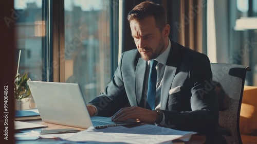 Handsome tax manager dressed in the suit working with documents and laptop at the modern office interior