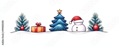 Christmas decoration featuring a snowman, tree, presents, and festive ornaments on a white background.