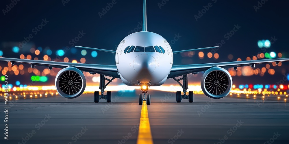 Fototapeta premium Airplane Taxiing on Runway at Night with City Lights