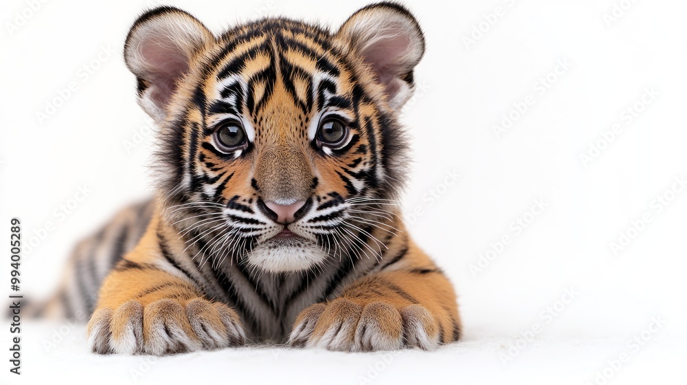 Fototapeta premium A young tiger relaxes with a curious expression, showcasing its striking coat