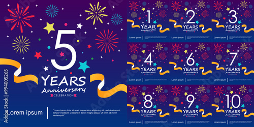 Set of 1-10 years anniversary celebration logo isolated with ribbon, stars and fireworks sparkle twinkle. vector illustration template design for web, flyers, poster, invitation card, greeting card