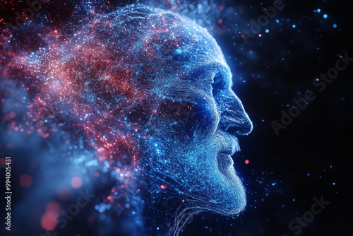 Elderly mans head dissolving into glowing particles symbolizing the passage of time memory and the gradual fading of thoughts in a reflective digital inspired scene