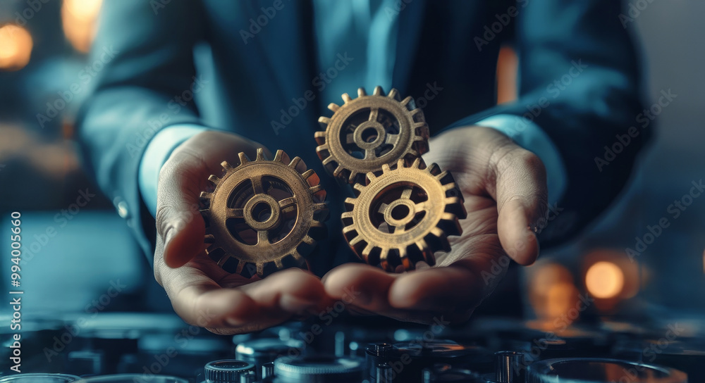 Precision in Motion: A businessman carefully cradles three intricately detailed golden gears, symbolizing precision, collaboration, and the intricate workings of a successful enterprise. Precision in Motion: A businessman carefully cradles three intricately detailed golden gears, symbolizing precision, collaboration, and the intricate workings of a successful enterprise.