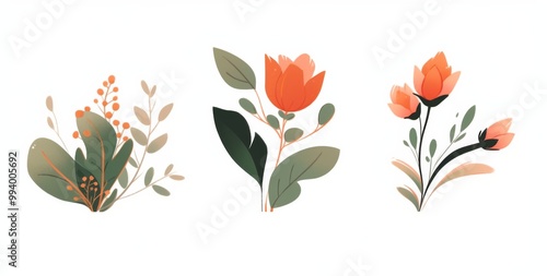  Three minimalistic botanical illustrations featuring simple shapes and lines in flat orange and green tones on a white background