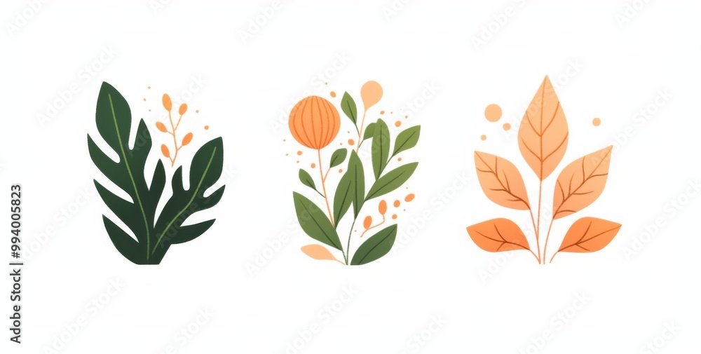Three minimalistic botanical illustrations featuring simple shapes and lines in flat orange and green tones on a white background Three minimalistic botanical illustrations featuring simple shapes and lines in flat orange and green tones on a white background