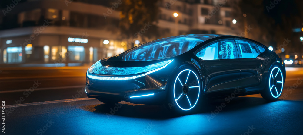 Night Drive: Futuristic Electric Car Glowing on City Street Night Drive: Futuristic Electric Car Glowing on City Street