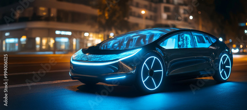 Night Drive: Futuristic Electric Car Glowing on City Street