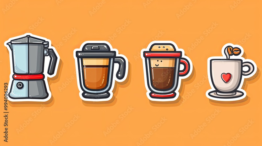 Coffee stickers and barista characters.Coffee makers, kettles, brewing, arabica coffee, glass,espresso,cappuccino, beans.Graphic doodle minimalist retro icons.Coffee shop patches Coffee stickers and barista characters.Coffee makers, kettles, brewing, arabica coffee, glass,espresso,cappuccino, beans.Graphic doodle minimalist retro icons.Coffee shop patches