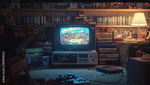 a classic 90s scene with an old CRT television displaying an 8-bit game photo