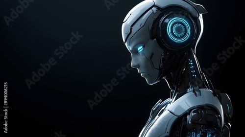 A Close-up of a White and Black Robot's Head with Blue Glowing Lights