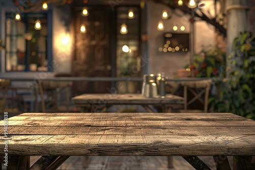 A rustic wooden table in a charming outdoor setting illuminated by warm lights, perfect for gatherings and relaxation.