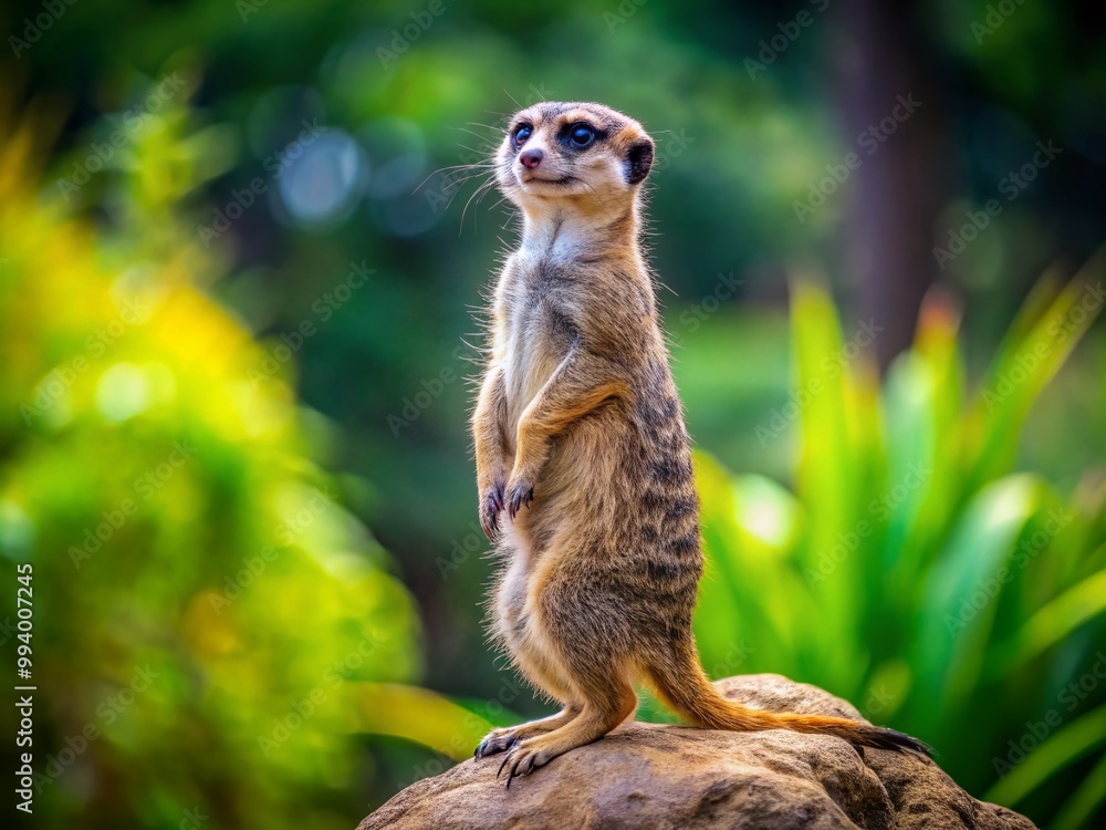 Curious Madagascar meerkat standing upright on a rock, exploring its surroundings in the wild Curious Madagascar meerkat standing upright on a rock, exploring its surroundings in the wild