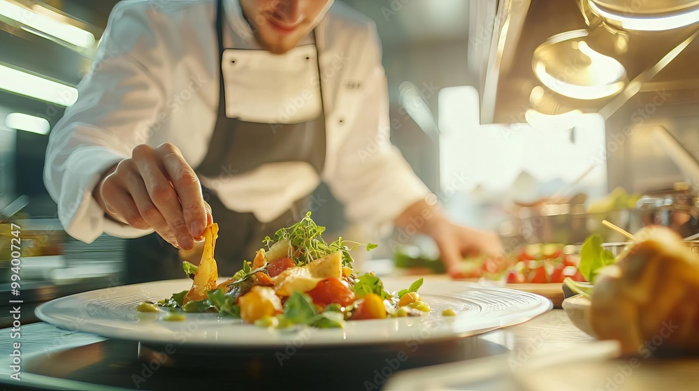 Chef in a restaurant kitchen plating a gourmet vegetarian dish, focused expression, high-end culinary presentation Chef in a restaurant kitchen plating a gourmet vegetarian dish, focused expression, high-end culinary presentation