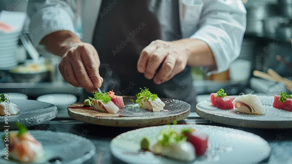 A skilled chef artfully arranges sushi plates, showcasing vibrant colors and meticulous presentation in a modern kitchen setting. A skilled chef artfully arranges sushi plates, showcasing vibrant colors and meticulous presentation in a modern kitchen setting.