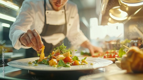 Chef in a restaurant kitchen plating a gourmet vegetarian dish, focused expression, high-end culinary presentation photo