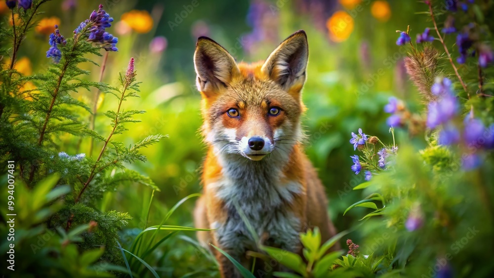 Fototapeta premium Curious Red Fox in Natural Habitat Surrounded by Lush Greenery and Wildflowers on a Sunny Day