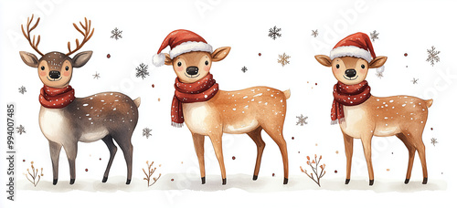 Rehe mit Weihnachtsmütze im Schnee - Niedliche Winterillustration im Bannerformat photo