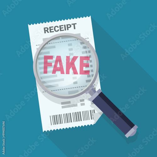 Detection of a Fake receipt on a blue background with long shadow (flat design)