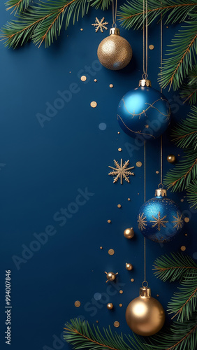 Christmas golden and blue matte ornaments on dark blue background. New Year's card.