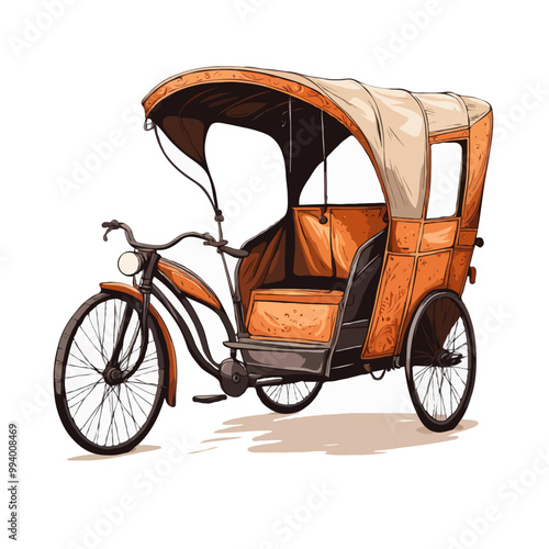 old Indian Cycle Rickshaw illustration. white Background. 