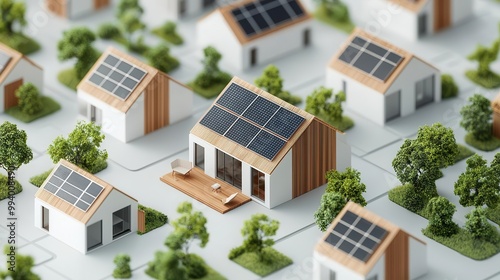 Eco-friendly housing development with solar panels, rainwater collection systems, and energy-efficient materials, Futurism, 3D Art