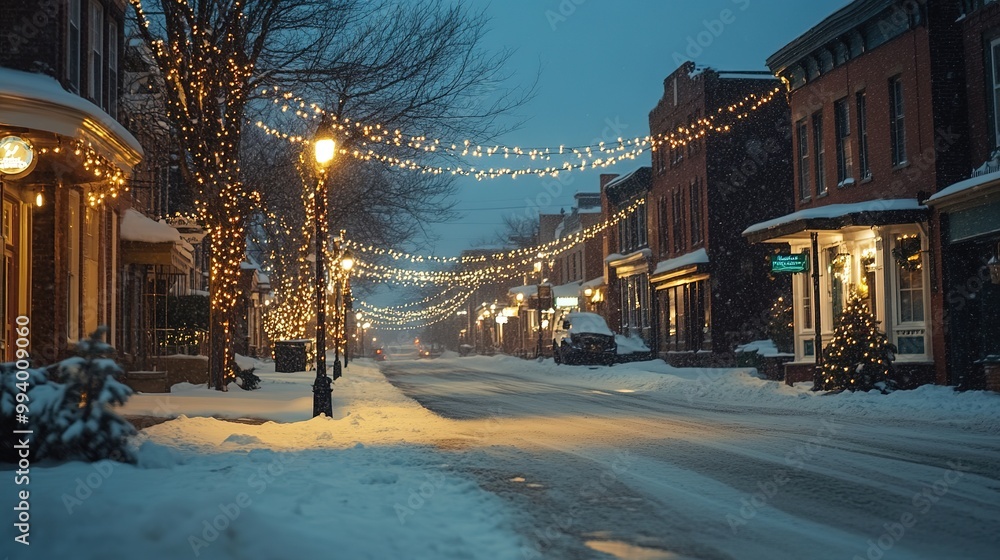 Fototapeta premium Snowy street with festive lights at twilight
