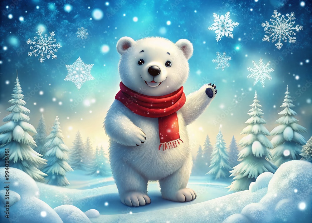 Cute Polar Bear Character in a Playful Pose with Snowflakes and a Winter Wonderland Background Cute Polar Bear Character in a Playful Pose with Snowflakes and a Winter Wonderland Background