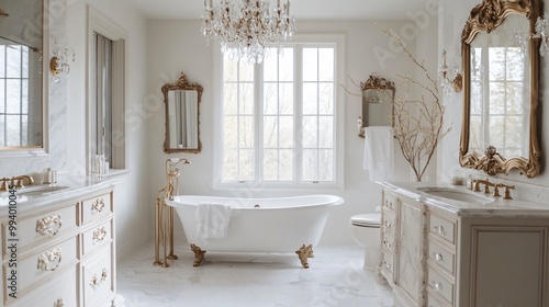 A luxurious bathroom featuring a freestanding tub, marble countertops, and ornate gold accents. photo