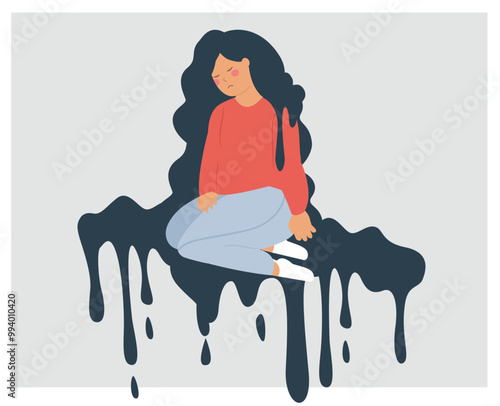 Woman struggling with mental health issues such as PTSD, depression, anxiety, phobias, or mood disorders. Sad girl girl falling apart and overwhelmed by dark and negative thoughts. 