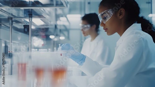 A female scientist in a lab coat examines test tubes with a focused expression